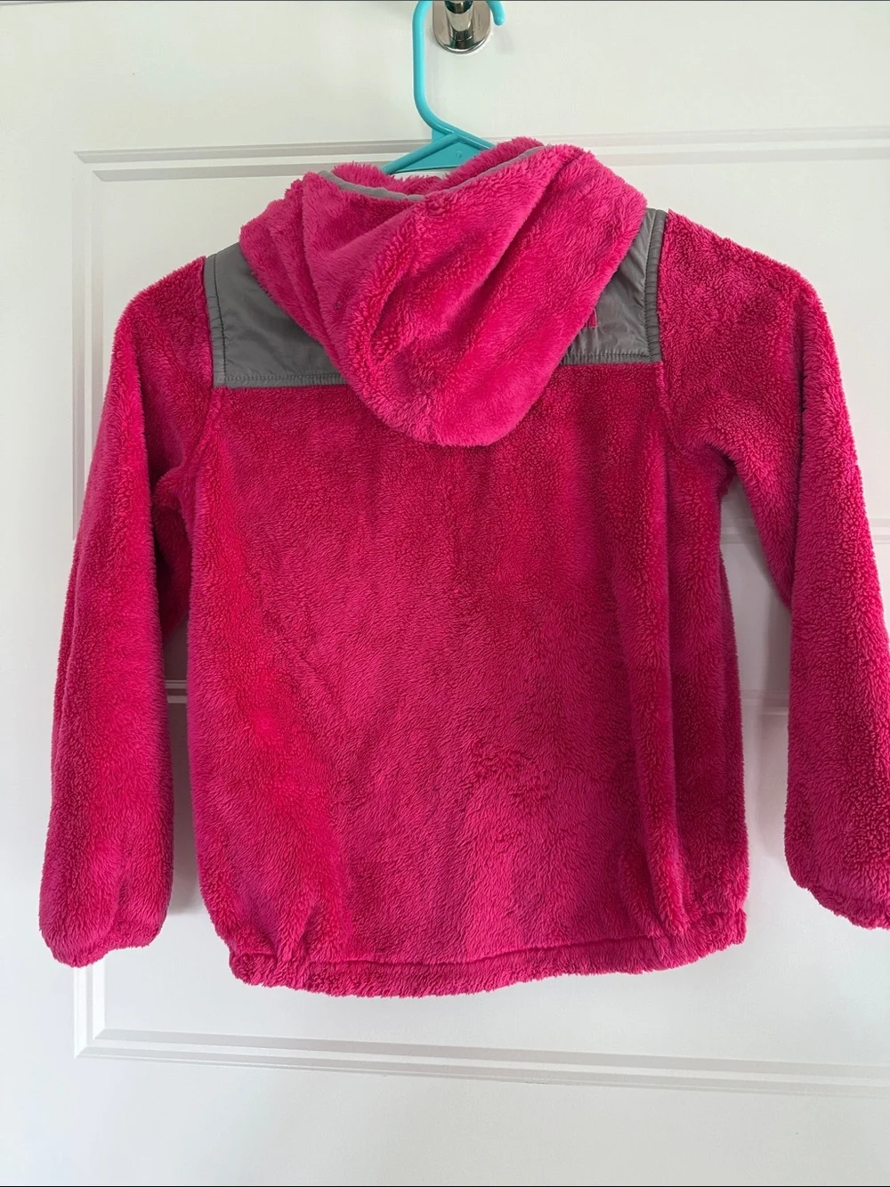 The North Face Girls' Magenta Fleece Hoodie with Gray Shoulder Panels